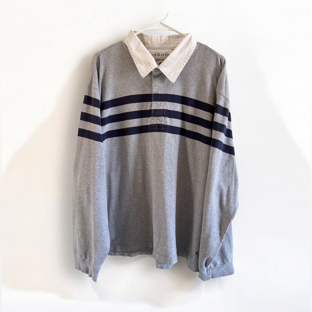 Izod Gray Rugby Shirt with Navy Stripes and White Collar